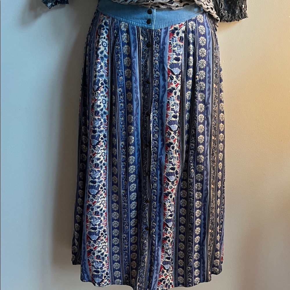 New Look Floral Blue Midi Skirt with denim front cottage core Ralph Lauren vibes